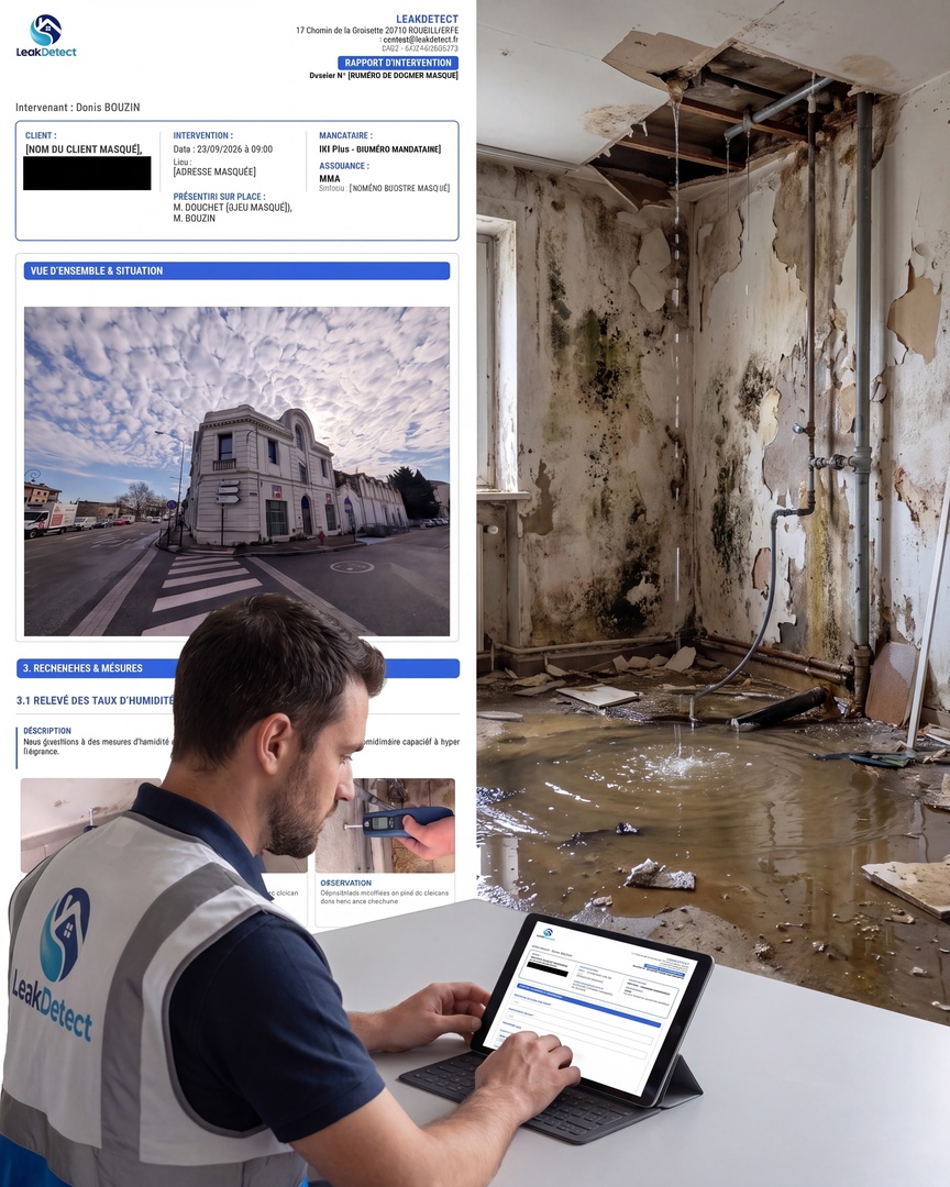 Technicien Leak Detect préparant un rapport d'intervention après un dégât des eaux