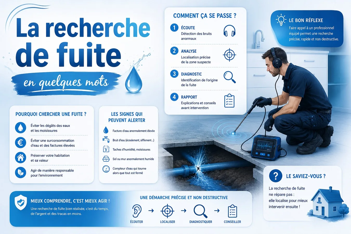 Technicien Leak Detect préparant un rapport d'intervention après un dégât des eaux
